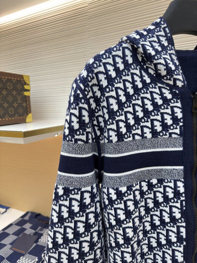 Oblique Blue Reversible Zipped Cardigan with Hood