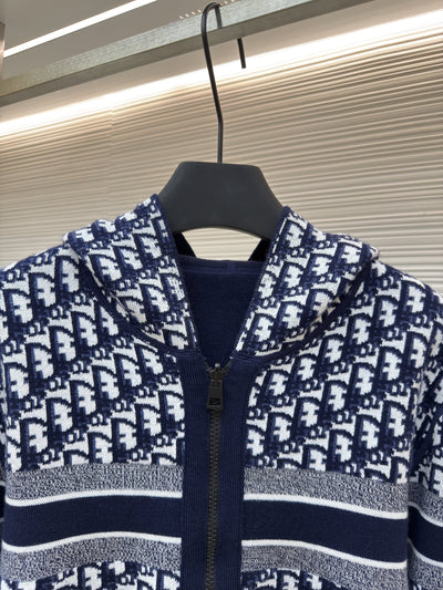 Oblique Blue Reversible Zipped Cardigan with Hood