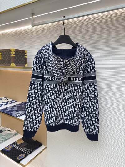 Oblique Blue Reversible Zipped Cardigan with Hood