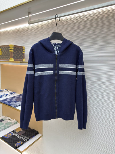 Oblique Blue Reversible Zipped Cardigan with Hood