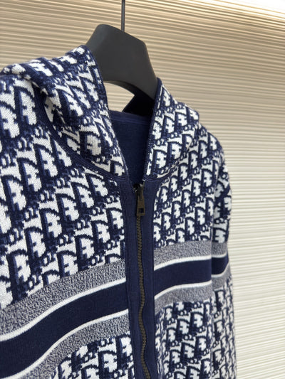 Oblique Blue Reversible Zipped Cardigan with Hood