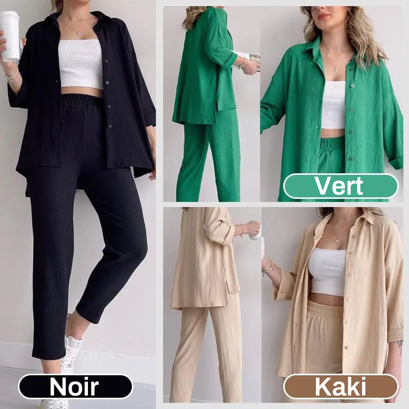Ensemble 2 pièces avec Chemise et Pantalon d'Été Décontracté et Élégant pour Femme