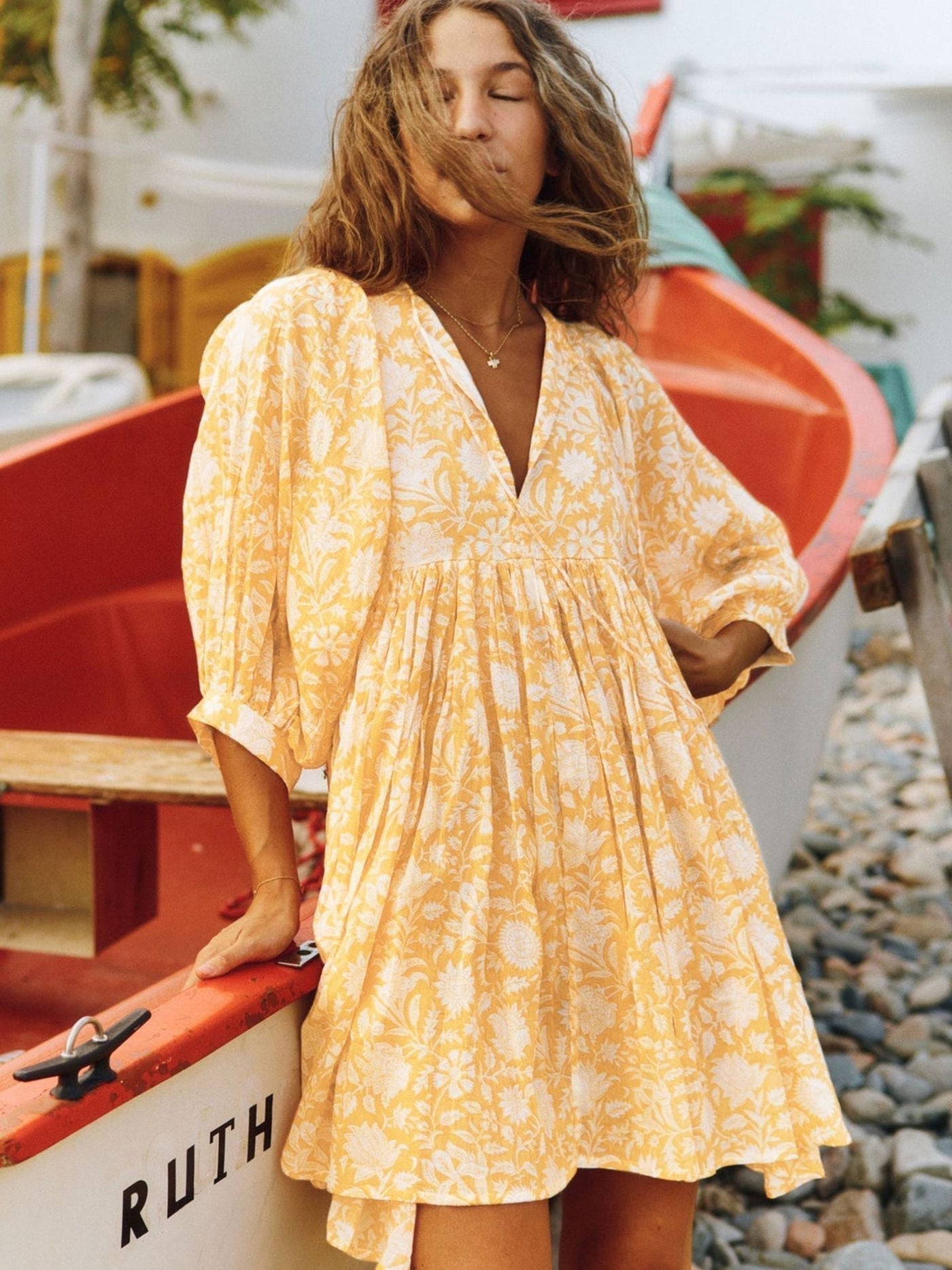 🔥50% DE RÉDUCTION🔥Robe courte d'été tunique florale à col en V et demi-manches