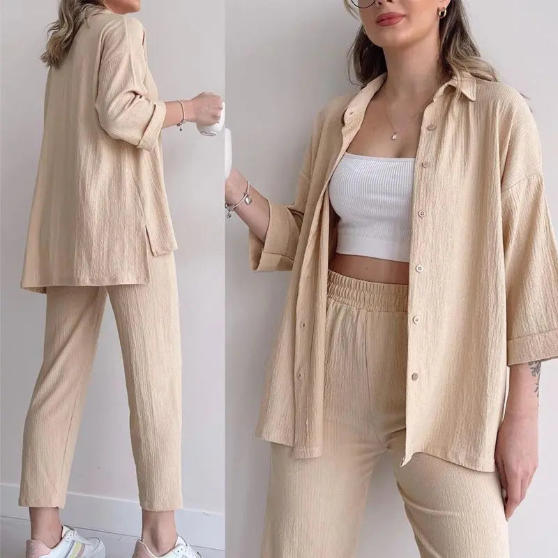 Ensemble 2 pièces avec Chemise et Pantalon d'Été Décontracté et Élégant pour Femme