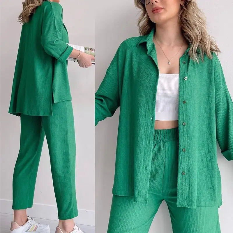 Ensemble 2 pièces avec Chemise et Pantalon d'Été Décontracté et Élégant pour Femme