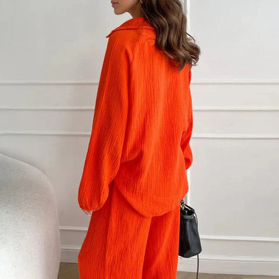 Ensemble 2 Pièces Décontracté de Couleur Unie - Haut à Col en V et Pantalon Long Ample