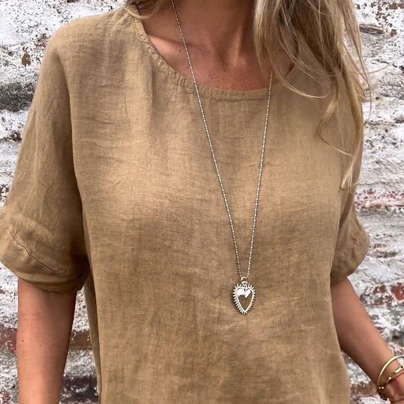 Blouse à manches mi-longues en lin et coton unie à col rond pour femmes