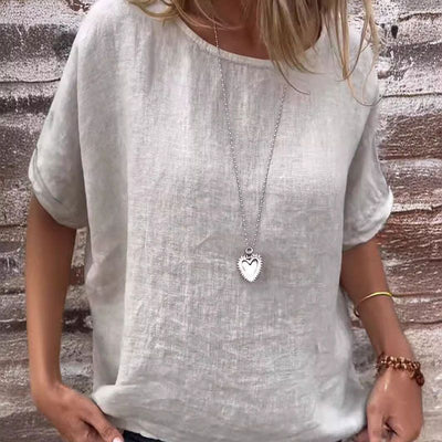 Blouse à manches mi-longues en lin et coton unie à col rond pour femmes
