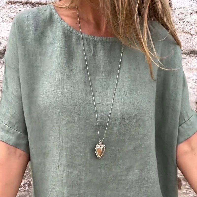 Blouse à manches mi-longues en lin et coton unie à col rond pour femmes