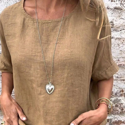 Blouse à manches mi-longues en lin et coton unie à col rond pour femmes