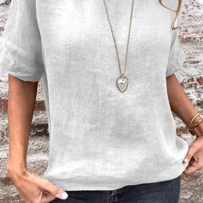 Blouse à manches mi-longues en lin et coton unie à col rond pour femmes