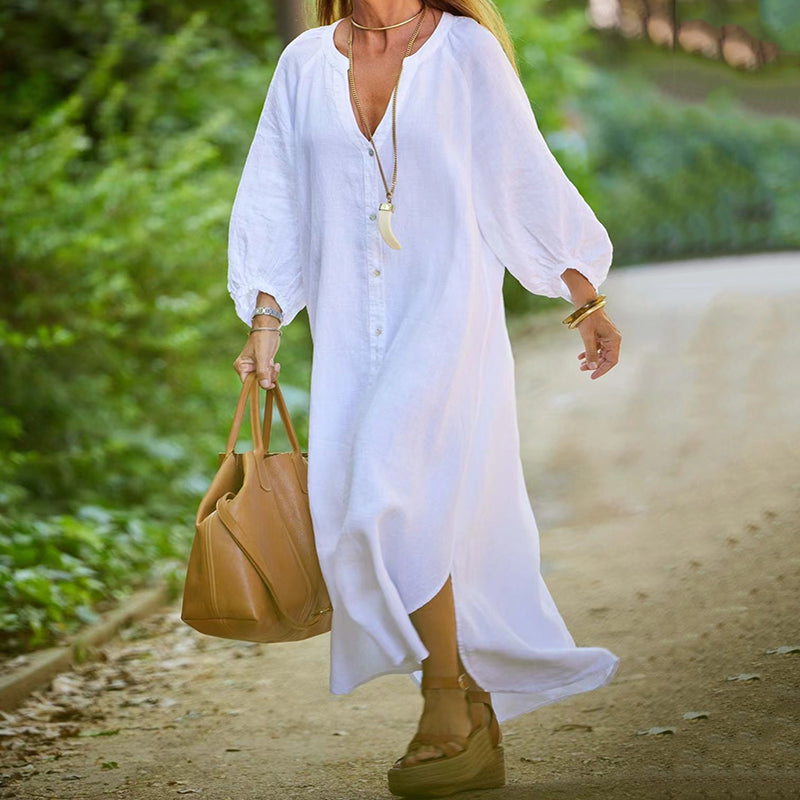 🌸Robe longue minimaliste en coton et lin à col en V pour femmes