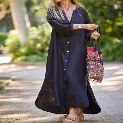 🌸Robe longue minimaliste en coton et lin à col en V pour femmes