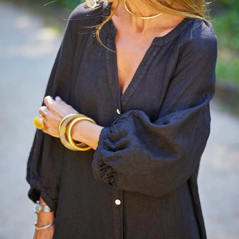 🌸Robe longue minimaliste en coton et lin à col en V pour femmes