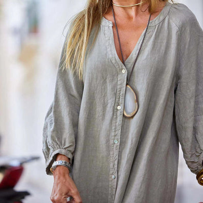 🌸Robe longue minimaliste en coton et lin à col en V pour femmes