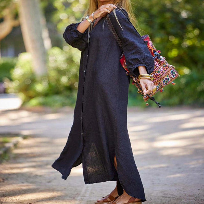 🌸Robe longue minimaliste en coton et lin à col en V pour femmes