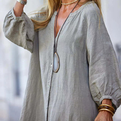 🌸Robe longue minimaliste en coton et lin à col en V pour femmes