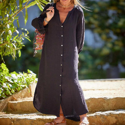 🌸Robe longue minimaliste en coton et lin à col en V pour femmes