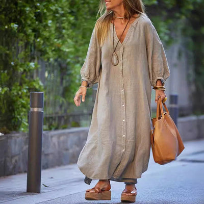 🌸Robe longue minimaliste en coton et lin à col en V pour femmes
