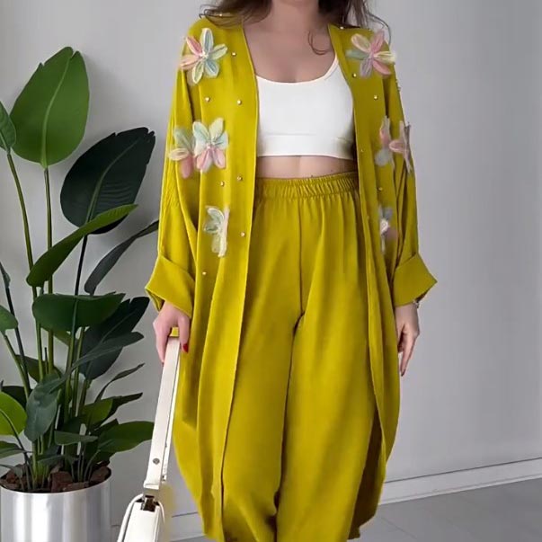 🌸Ensemble veste longue et pantalon décontracté à fleurs exquises pour femmes