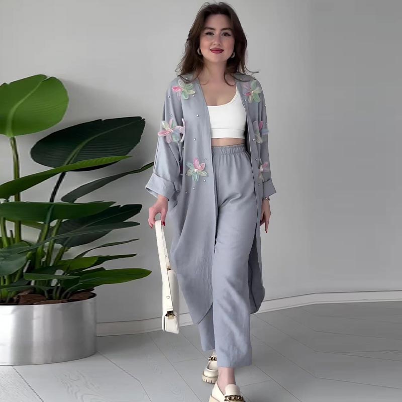 🌸Ensemble veste longue et pantalon décontracté à fleurs exquises pour femmes