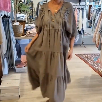 Robe longue à col en V et à manches longues pour femmes, multicouches et unicolores