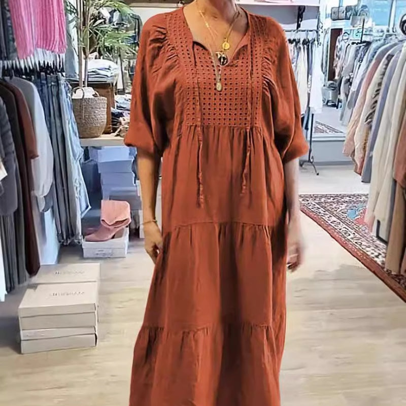 Robe longue à col en V et à manches longues pour femmes, multicouches et unicolores