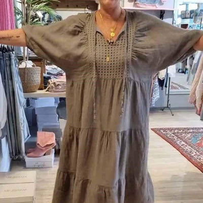 Robe longue à col en V et à manches longues pour femmes, multicouches et unicolores