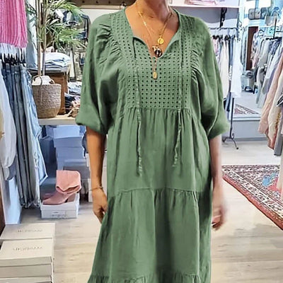 Robe longue à col en V et à manches longues pour femmes, multicouches et unicolores