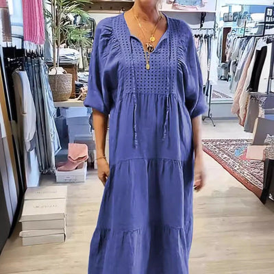 Robe longue à col en V et à manches longues pour femmes, multicouches et unicolores