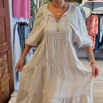 Robe longue à col en V et à manches longues pour femmes, multicouches et unicolores