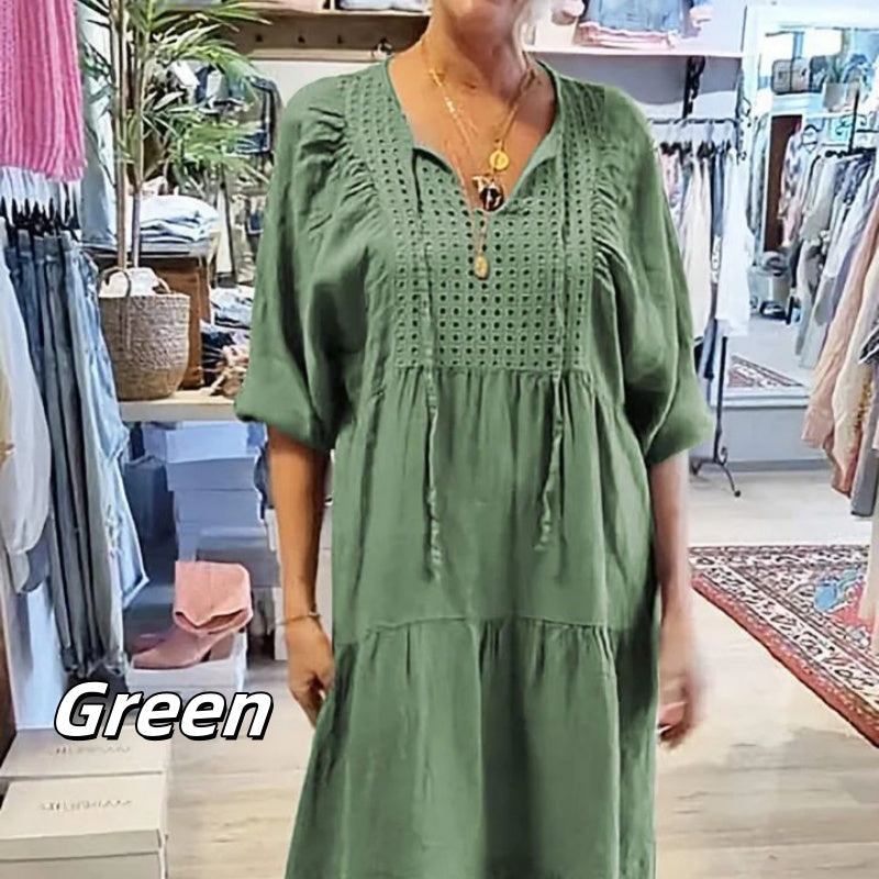 Robe longue à col en V et à manches longues pour femmes, multicouches et unicolores