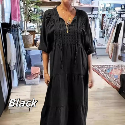 Robe longue à col en V et à manches longues pour femmes, multicouches et unicolores