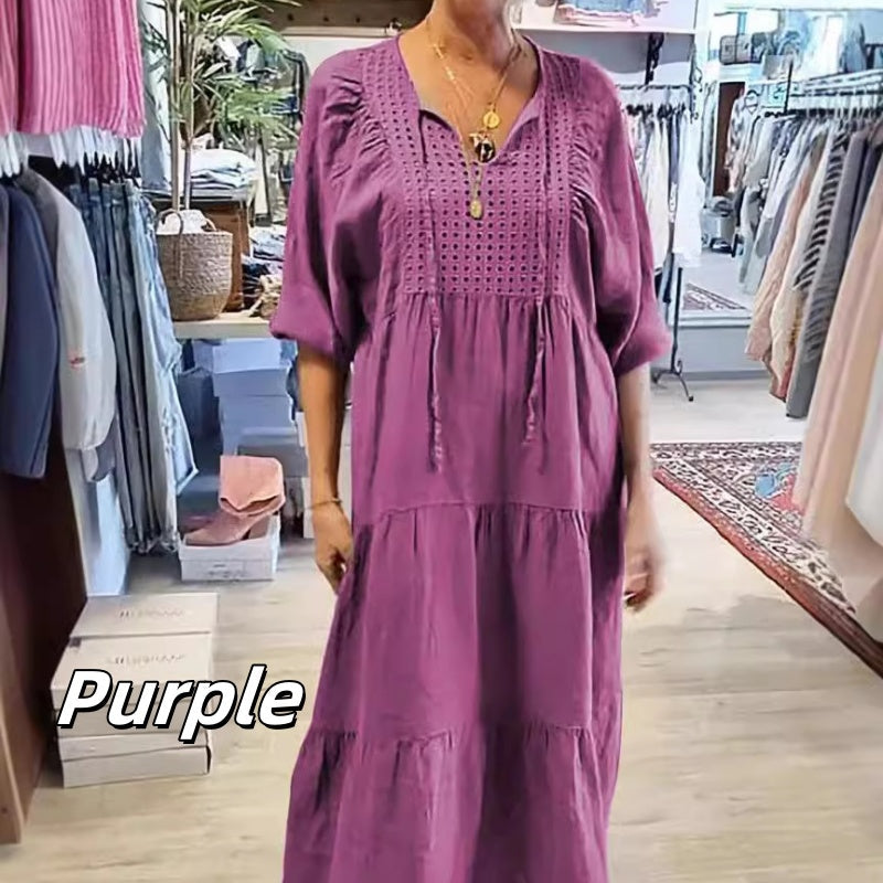 Robe longue à col en V et à manches longues pour femmes, multicouches et unicolores