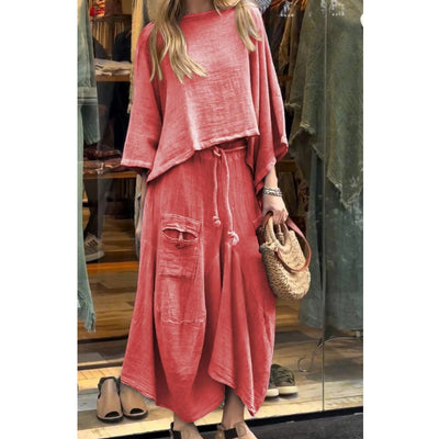 Ensemble 2 Pièces pour Femme : Haut Décontracté à Col Rond et Jupe Ample【Achetez-en 2, livraison gratuite】