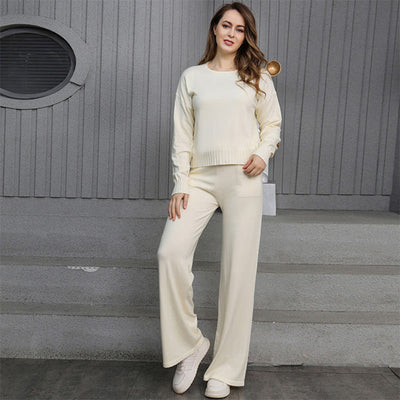 Ensemble 2 pièces d'automne : haut à col rond et pantalon à cordon