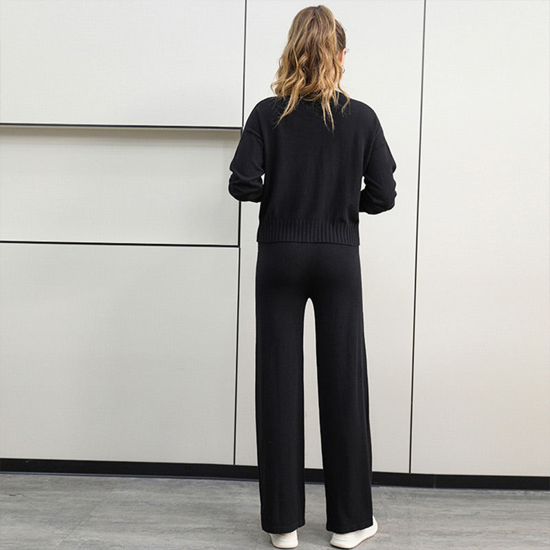 Ensemble 2 pièces d'automne : haut à col rond et pantalon à cordon