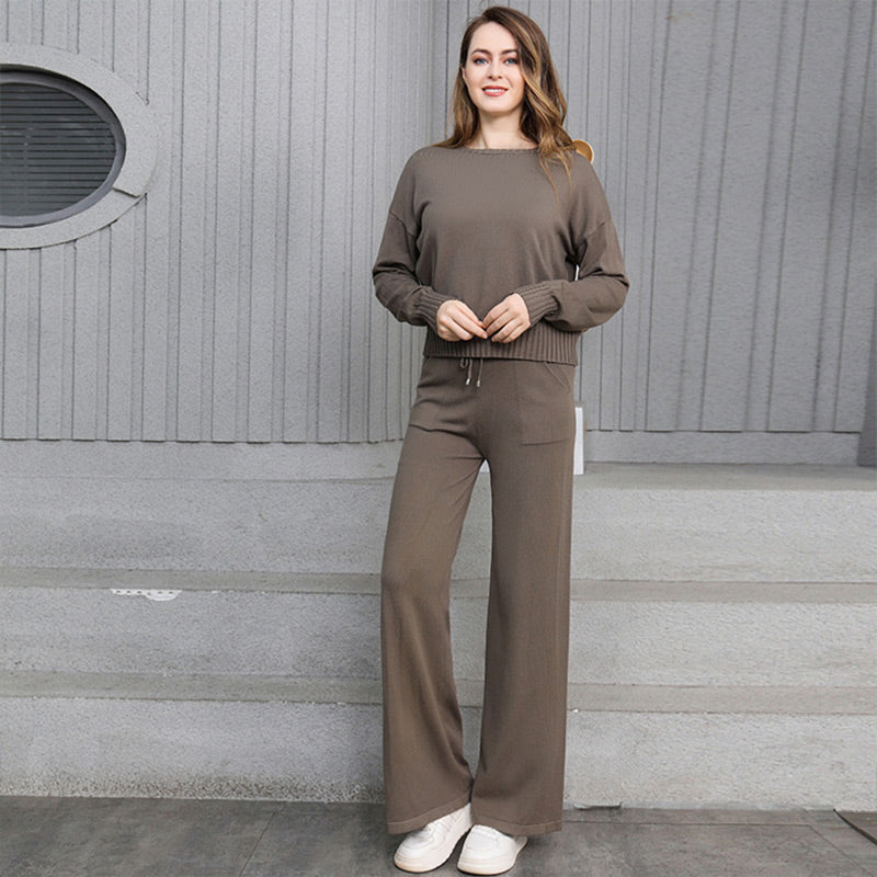 Ensemble 2 pièces d'automne : haut à col rond et pantalon à cordon