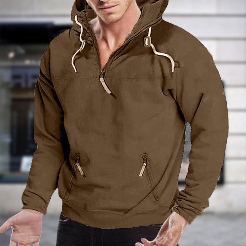 2024 New - Sweat à capuche zippé décontracté en polaire de couleur unie pour hommes, avec de grandes poches