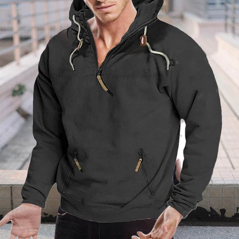 2024 New - Sweat à capuche zippé décontracté en polaire de couleur unie pour hommes, avec de grandes poches