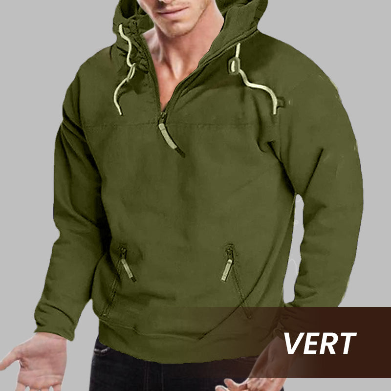 2024 New - Sweat à capuche zippé décontracté en polaire de couleur unie pour hommes, avec de grandes poches