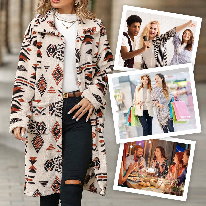 Nieuw product 49% korting 🔥 Manteau boutonné à manches longues imprimé à revers pour femmes