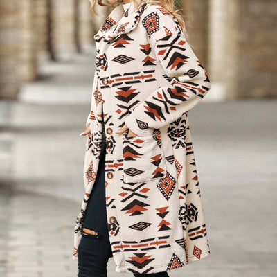 Nieuw product 49% korting 🔥 Manteau boutonné à manches longues imprimé à revers pour femmes