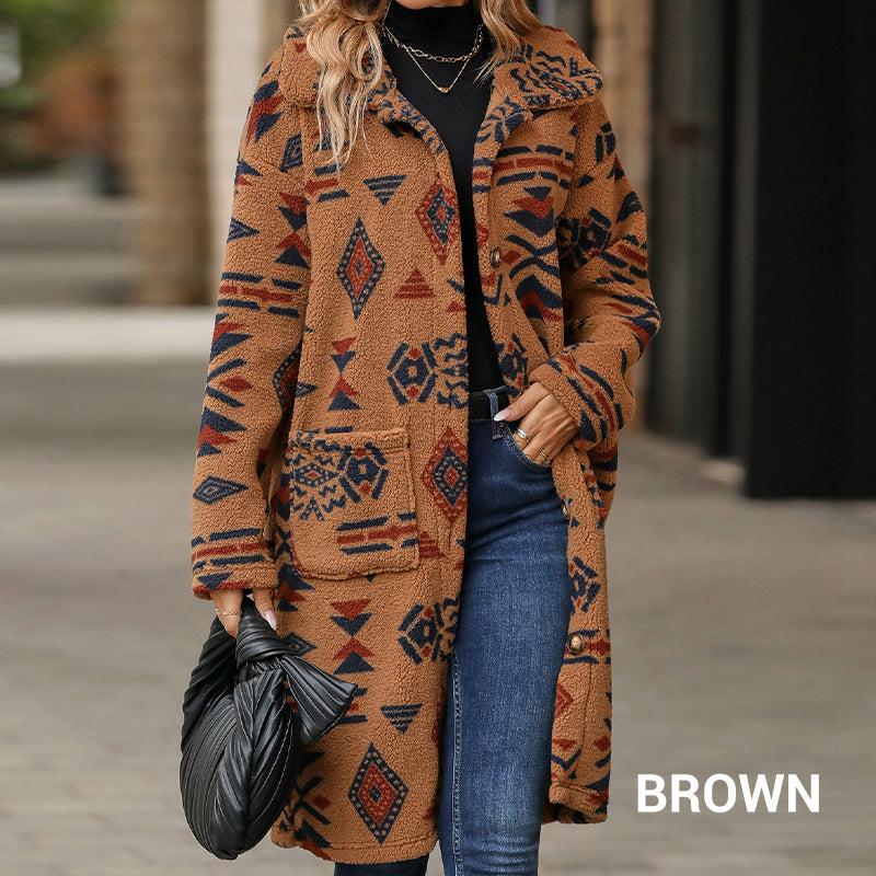 Nieuw product 49% korting 🔥 Manteau boutonné à manches longues imprimé à revers pour femmes