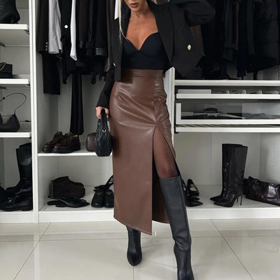 Jupe en Cuir Sexy et Élégante avec Taille Haute et Fente à la Cuisse pour Femmes