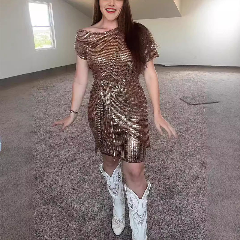 💃Soldes du dernier jour -49% DE RÉDUCTION🎉Robe plissée étincelante à une épaule✨