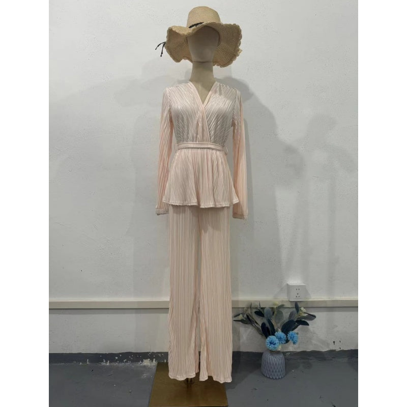 Ensemble 2 pièces à col V plissé et pantalon ample