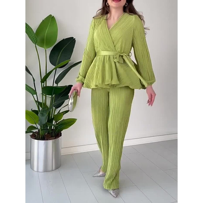 Ensemble 2 pièces à col V plissé et pantalon ample