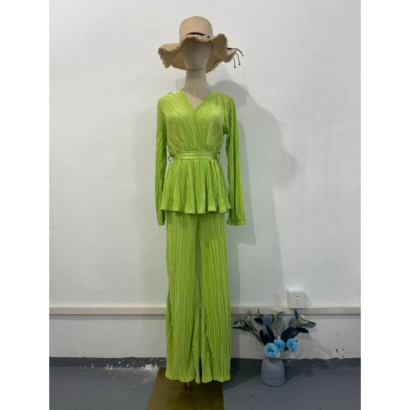 Ensemble 2 pièces à col V plissé et pantalon ample