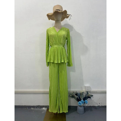 Ensemble 2 pièces à col V plissé et pantalon ample